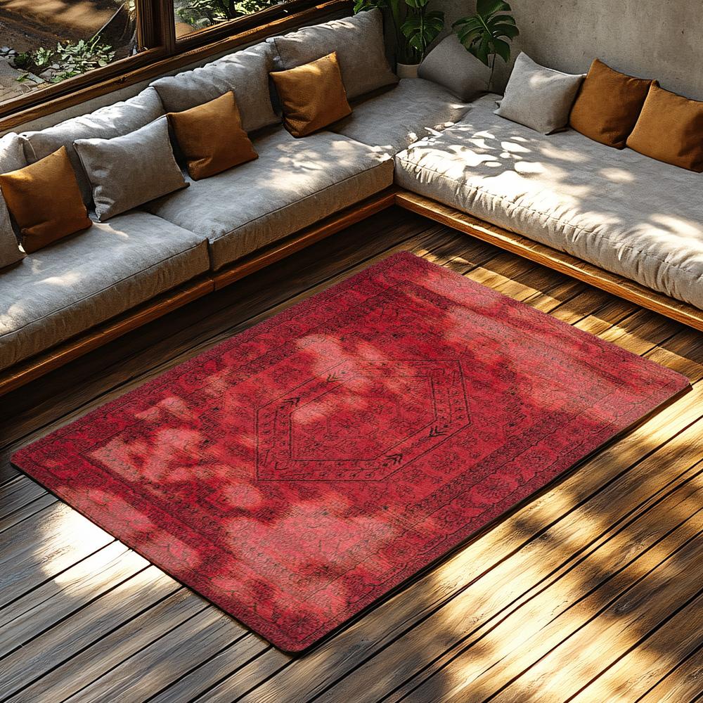 Red Bohemian Area Rug, Ethnic Pattern Non-Slip Carpet, Cozy Living Room Mat for Natural Home Decor
