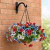 Artificial Hanging Flower with Basket for Outdoors, 4th of July Patriotic Faux Violet Flowers, UV Resistant Fake Plants for Outside Porch, Yard, Patio