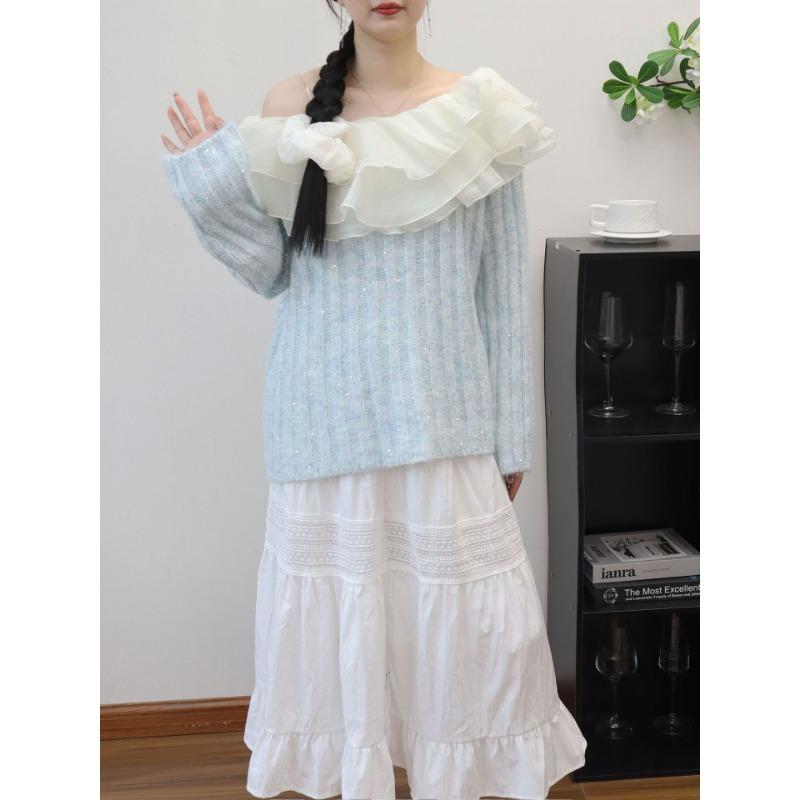 Autumn and winter new models with headrope one-word shoulder ruffle edge knitted sweater top sequined gentle wind sweater pullover woman