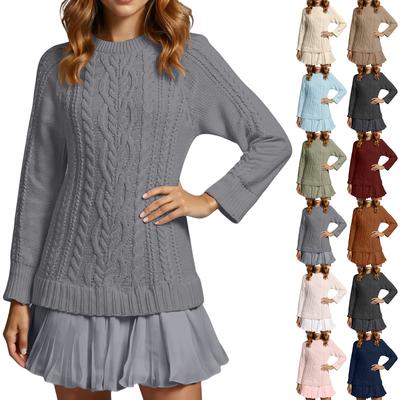 Women's Solid Round Neck  Dough Twists Knitting Chiffon Splicing Sweet Temperament Dress