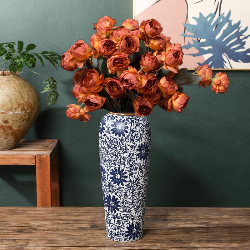 35CM Blue and White Porcelain Vase: Chinese-Style Ceramic Flower Container for Hydroponic Bamboo or Living Room Décor.