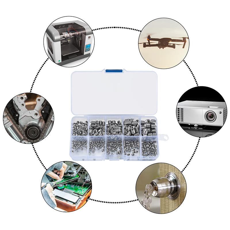 290Pcs Grub Screws Mixed with Storage Box Stainless Steel Cone Point Screws Hex Head Thread Socket Screw Assortment with Wrench