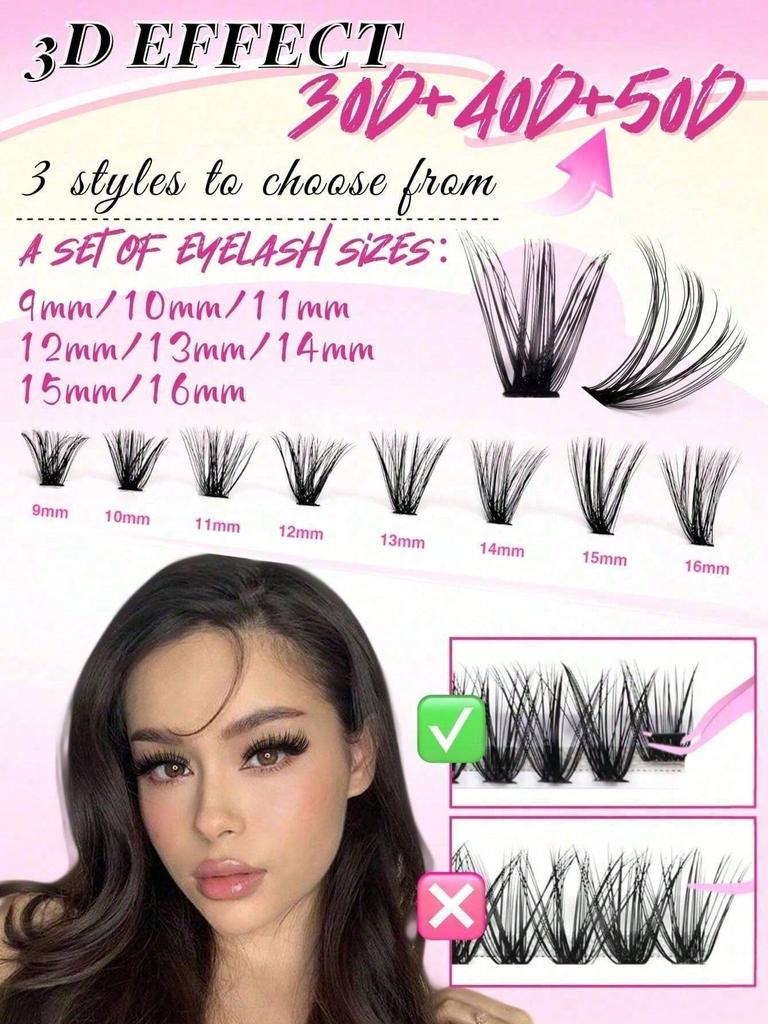 640Pcs Lash Clusters Kit 30D+40D+50D D Curl 9-16mm, DIY Eyelash Extension Kit With Lash Brushes, Natural&Thick Wispy