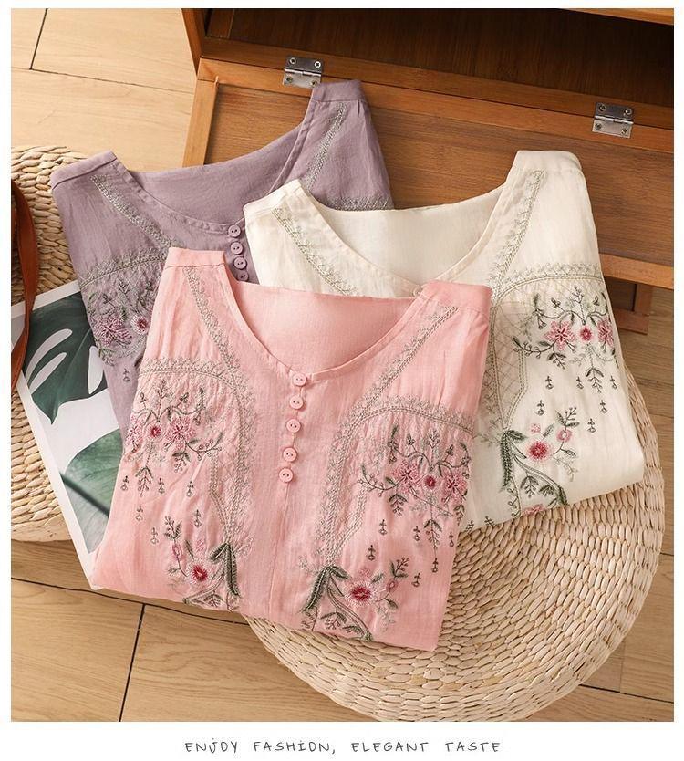 Embroidered Cotton Linen Short Sleeve Chinese Blouse for Women - Loose, Slimming, and Versatile