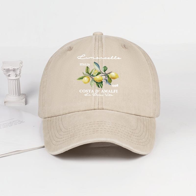 "Limoncello Costa D'Amalfi" Lemon Print Washed Baseball Cap Adjustable Unisex Italian Summer Sun Hat