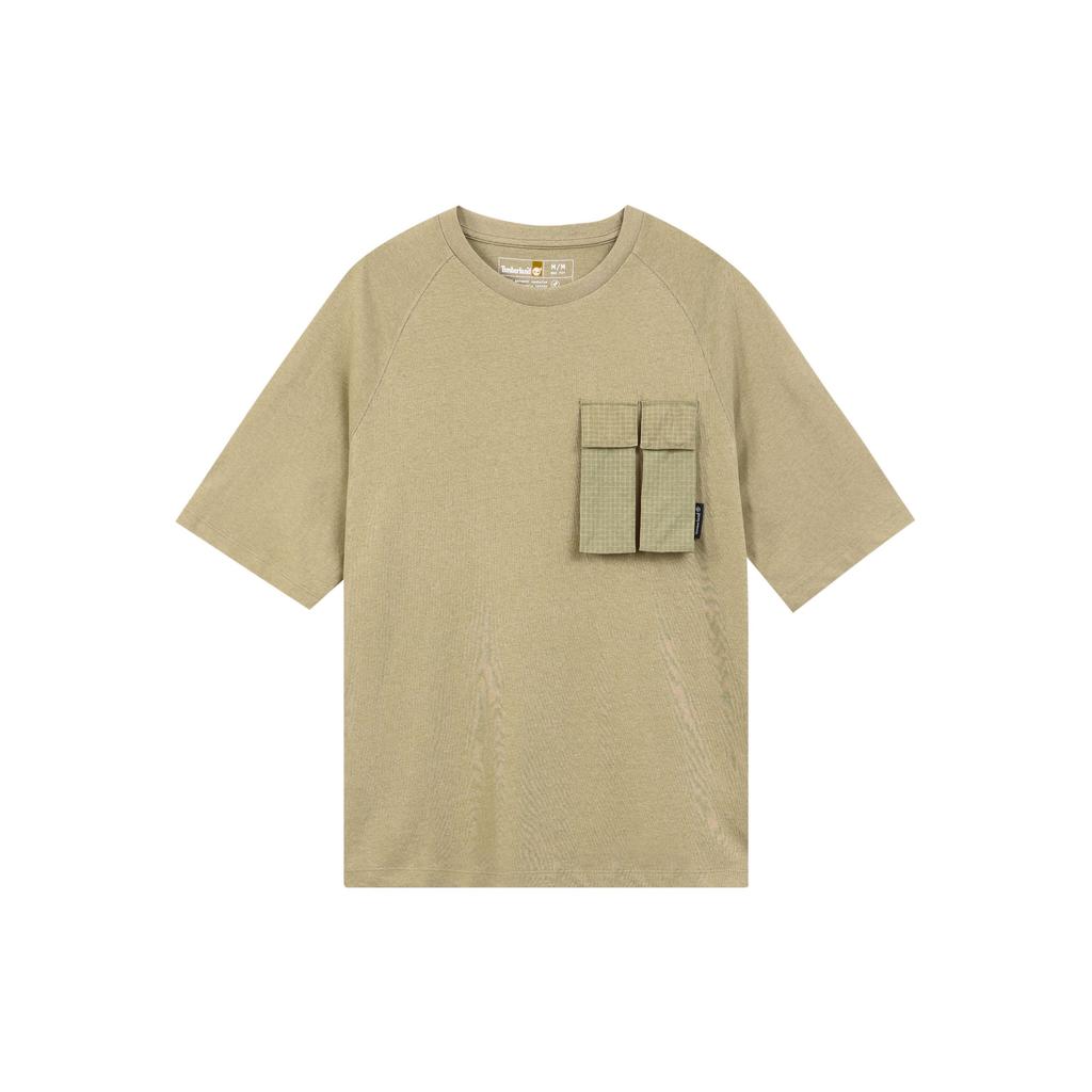 Timberland Solid Color Pocket Spliced Round Neck Pullover Short Sleeve T-Shirt Men Tops Khaki A6Q9W-DH4