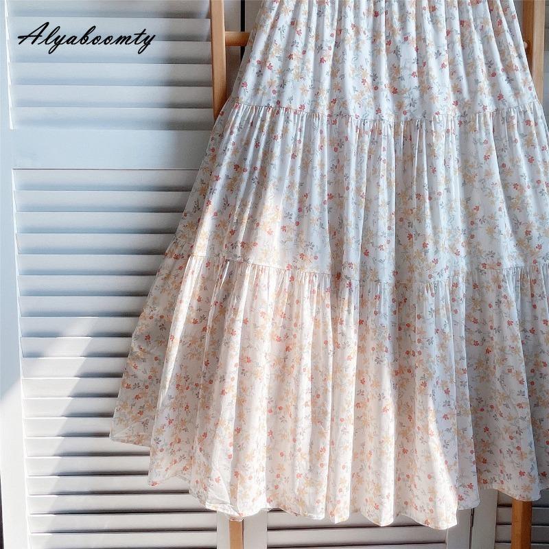 Prairie Chic Spring Summer Women A-Line Skirt Elastic Waist Floral Print Colorful Skirts Womens Fresh Cotton Vintage Basic Skirt