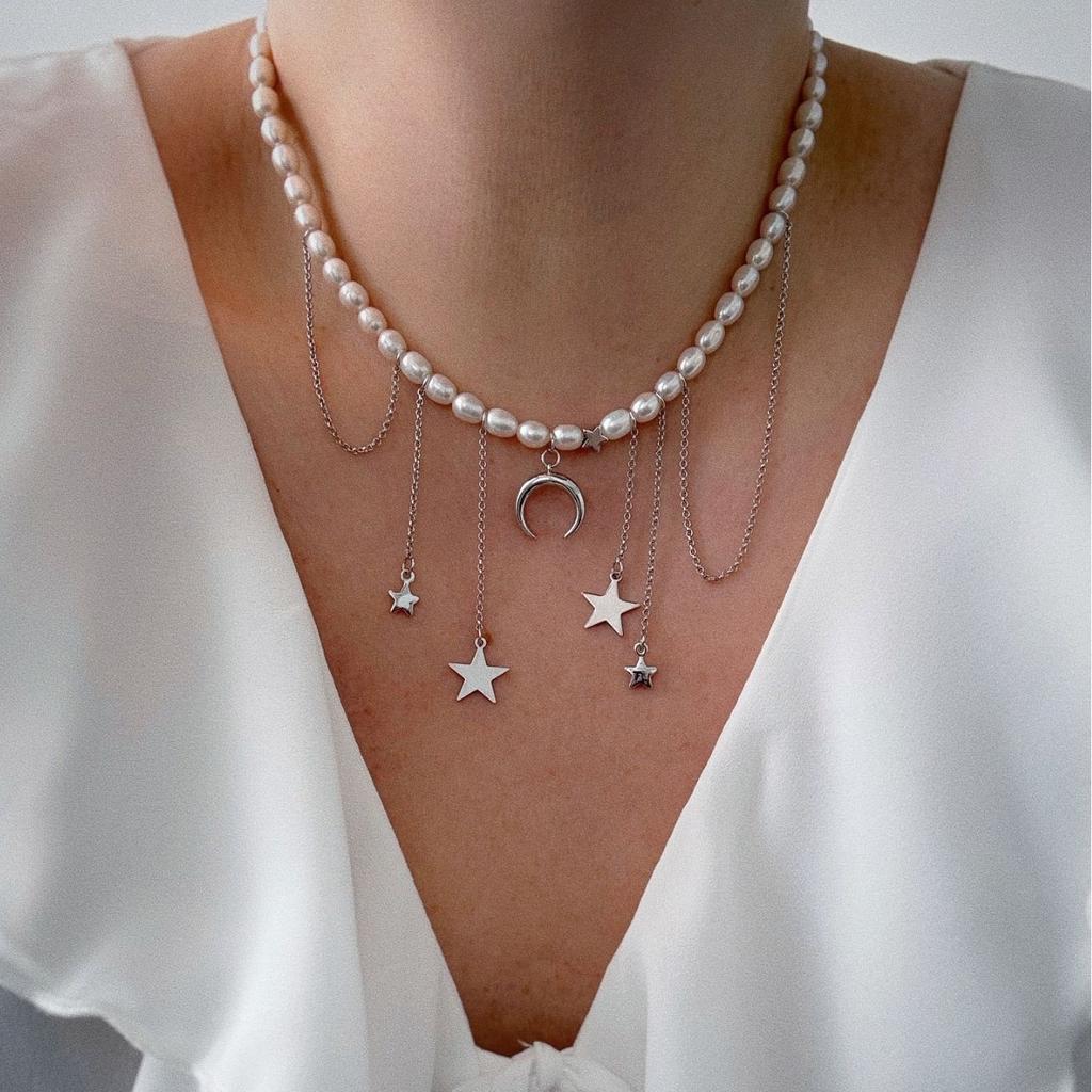 Perlen-Pulloverkette, europäischer und amerikanischer Design-Tassel-Halskette, weiblicher Stern Mond Licht Luxus Choker Halskette