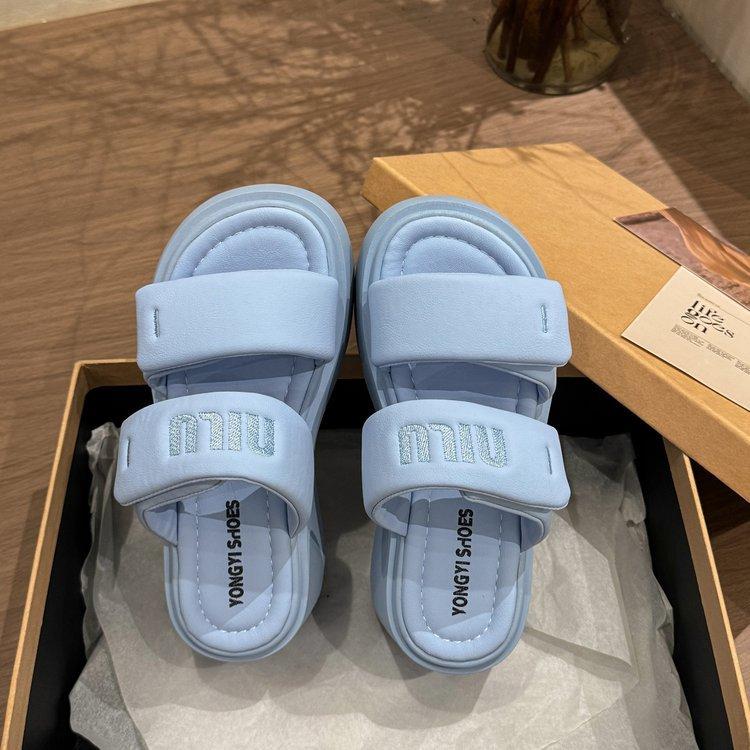 Velcro blue heightened thick-soled cool slippers for women's outerwear 2025 new summer skirt beach one-word slippers
