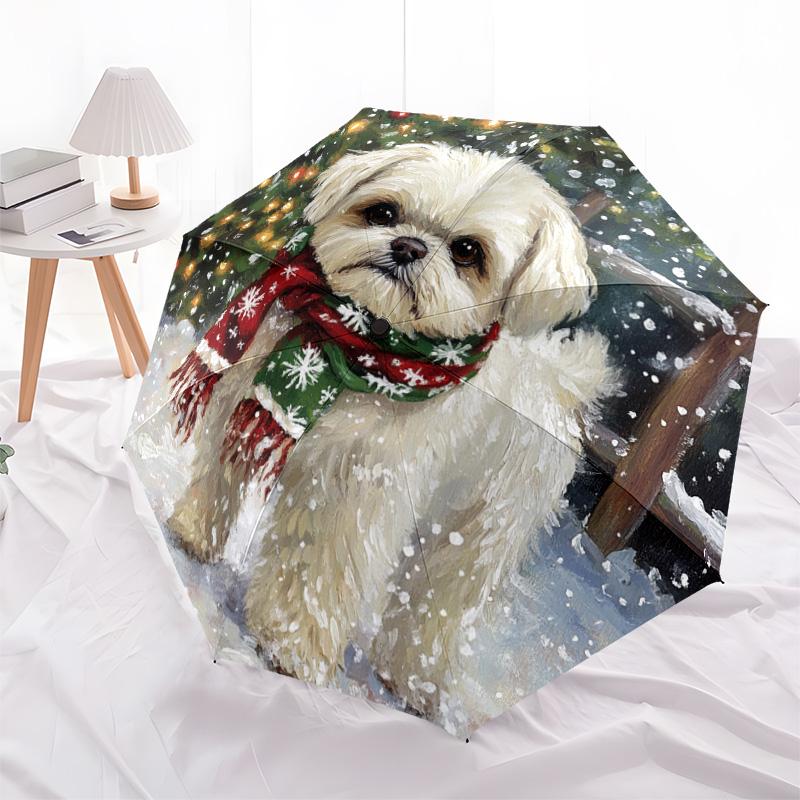 1 Stück Automatischer Faltregenschirm - Winter-Hundemuster, Tragbares & Faltbares Design mit 8 Speichen, Weihnachts-Geburtstagsgeschenke