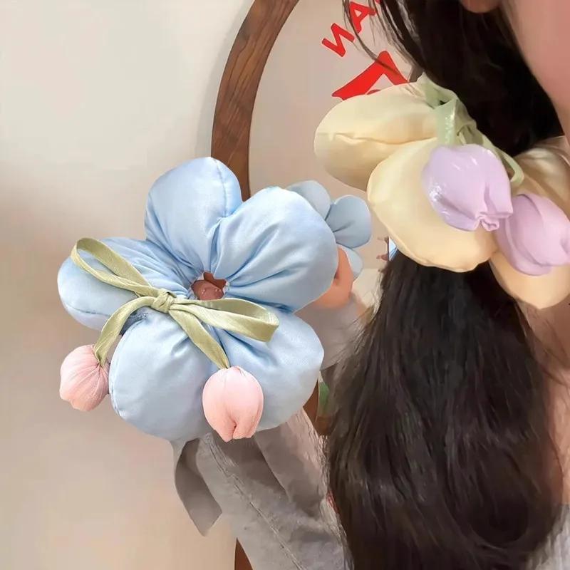 Essenziali Primaverili Tessuto Grande Fiore Corda per Capelli per Donna Moda Fiocco Frangia Tulipano Elastici per Capelli Ragazza Carina Non Danneggia i Capelli