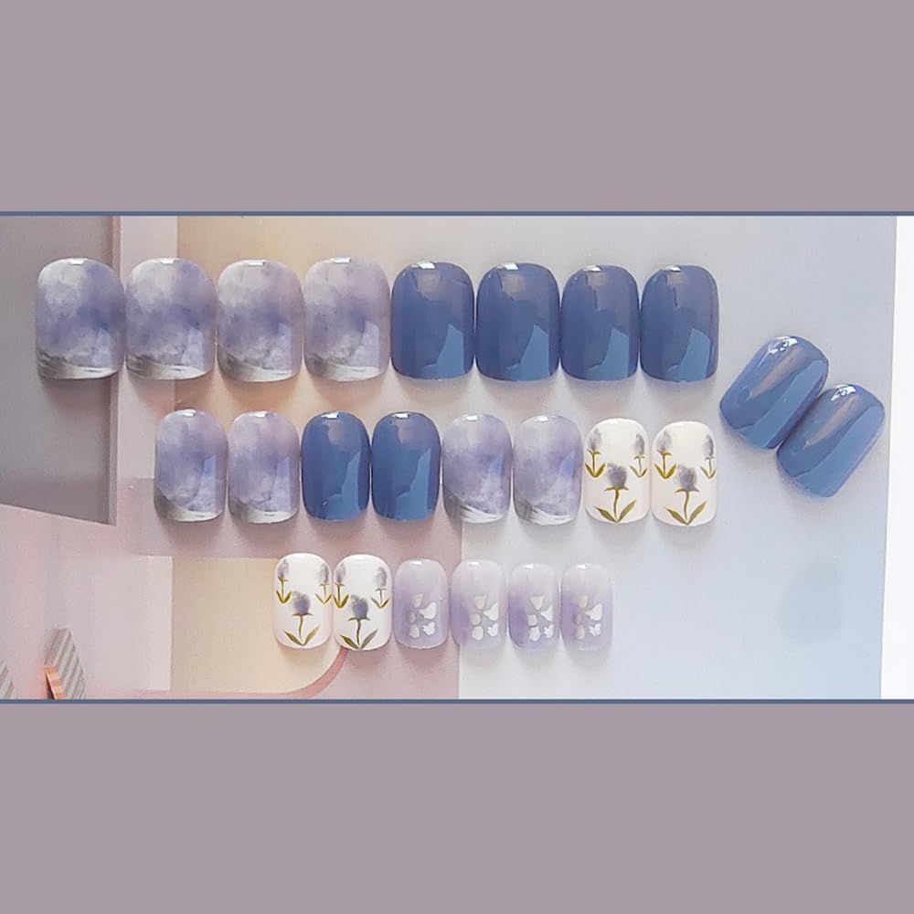S.A.V.I 24 PCs - Blue Floral Press-On Nails, Short Fake Nail Set, Easy Manicure, Trendy Design