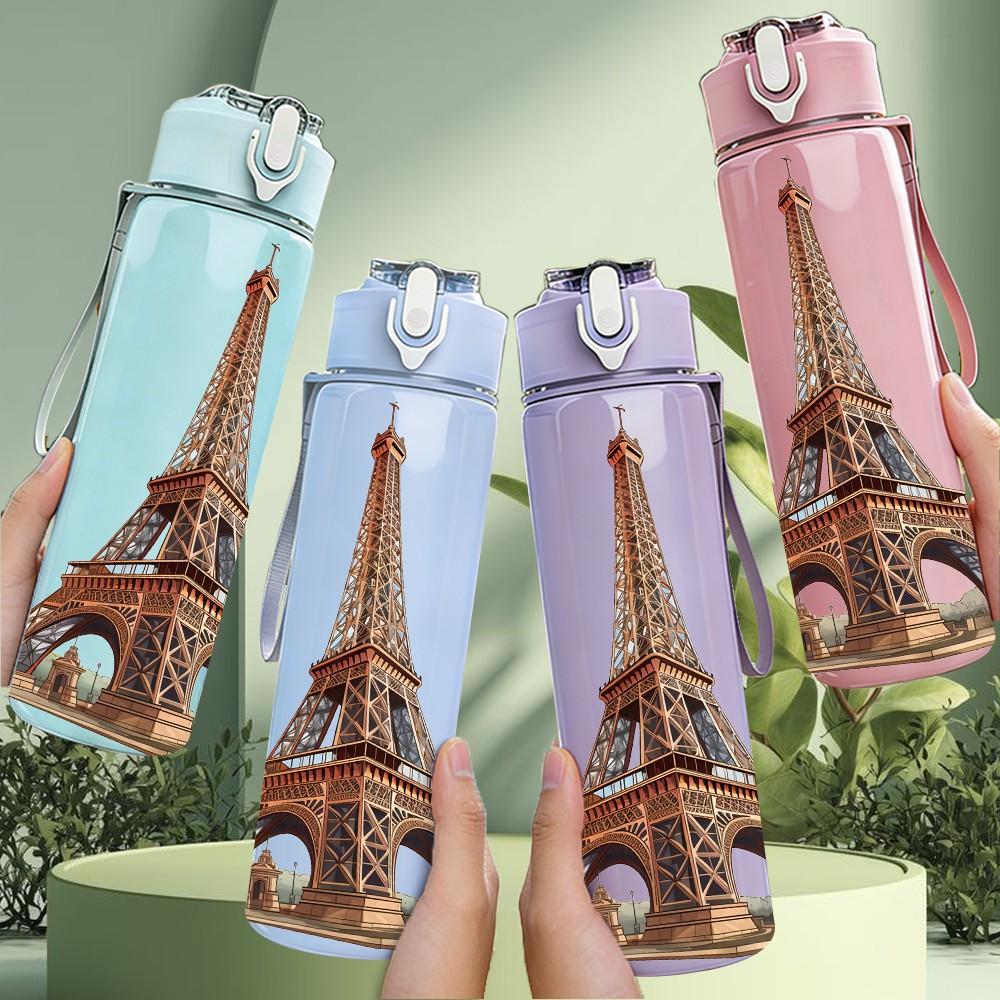 1PC Eiffel Tower Paris Landmark 750ml Color Plastic Sports Water Bottle Leakproof Flip Straw Lid Suitable for Sports Office Home Use