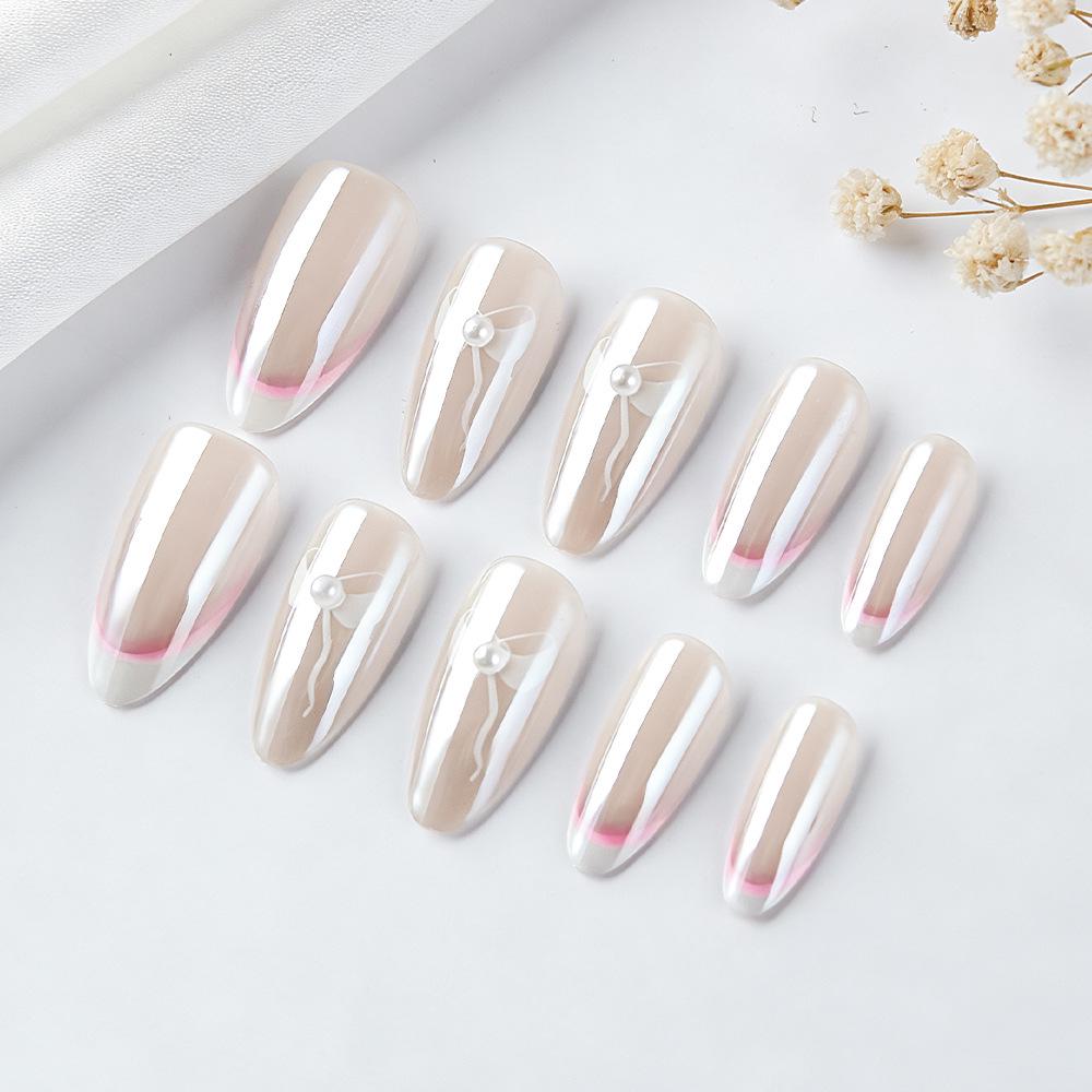 Almond Electroplated French Manicure with Rhinestone Bow Detachable Nude False Nails - Set of 30