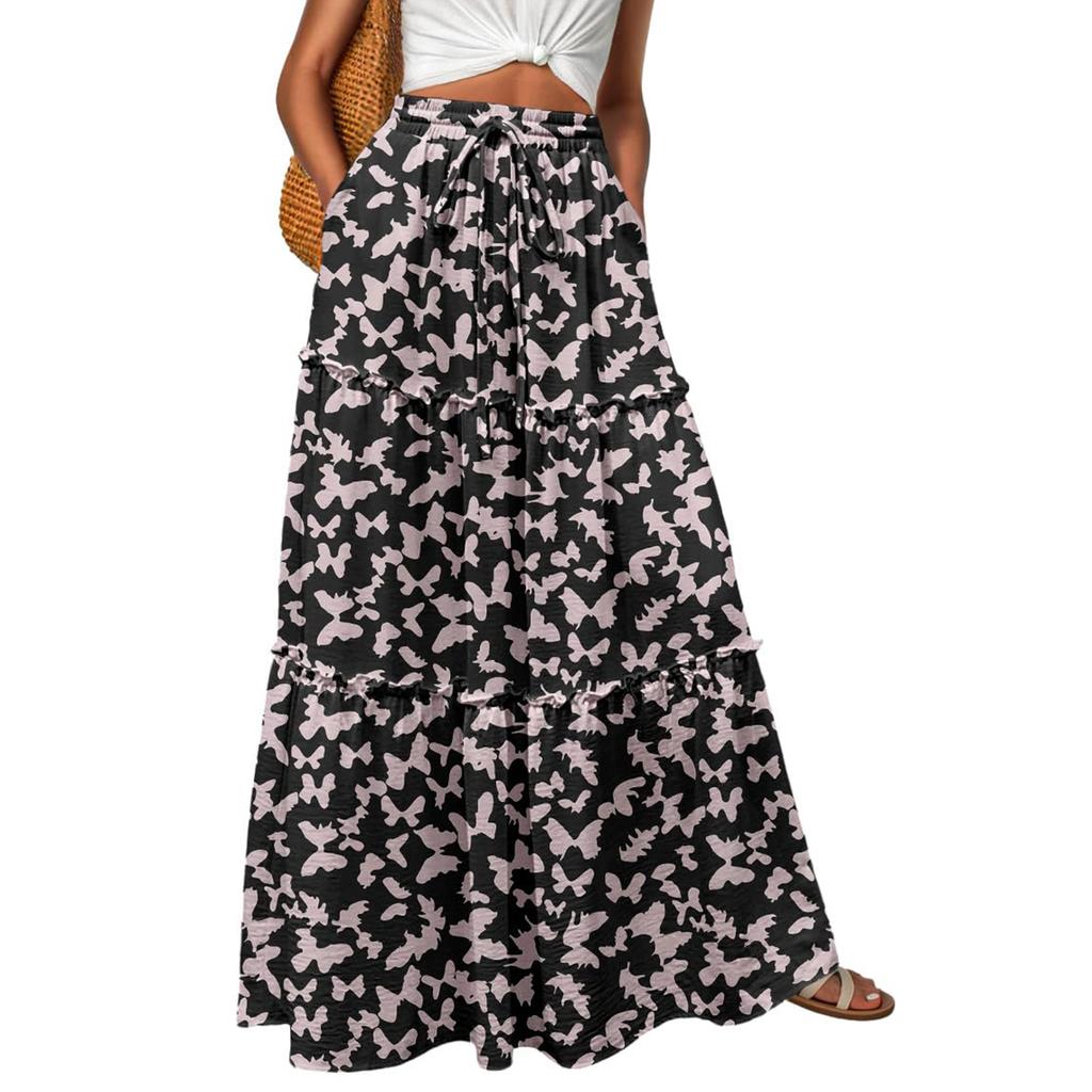 Women's Fashion Bohemian Print Elastic Waist Skirt Loose Casual High Waist Tie Long Skirt