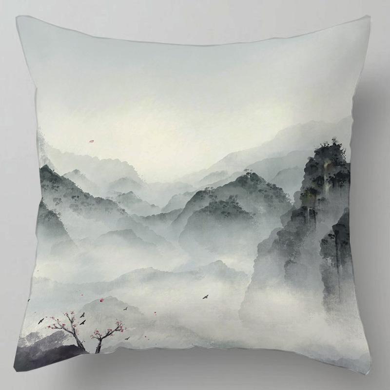 Wooden Chair Back Pillow, Tatami Bedside Pillow, Office Nap Pillow, Chinese Style Landscape Painting Pillowcase