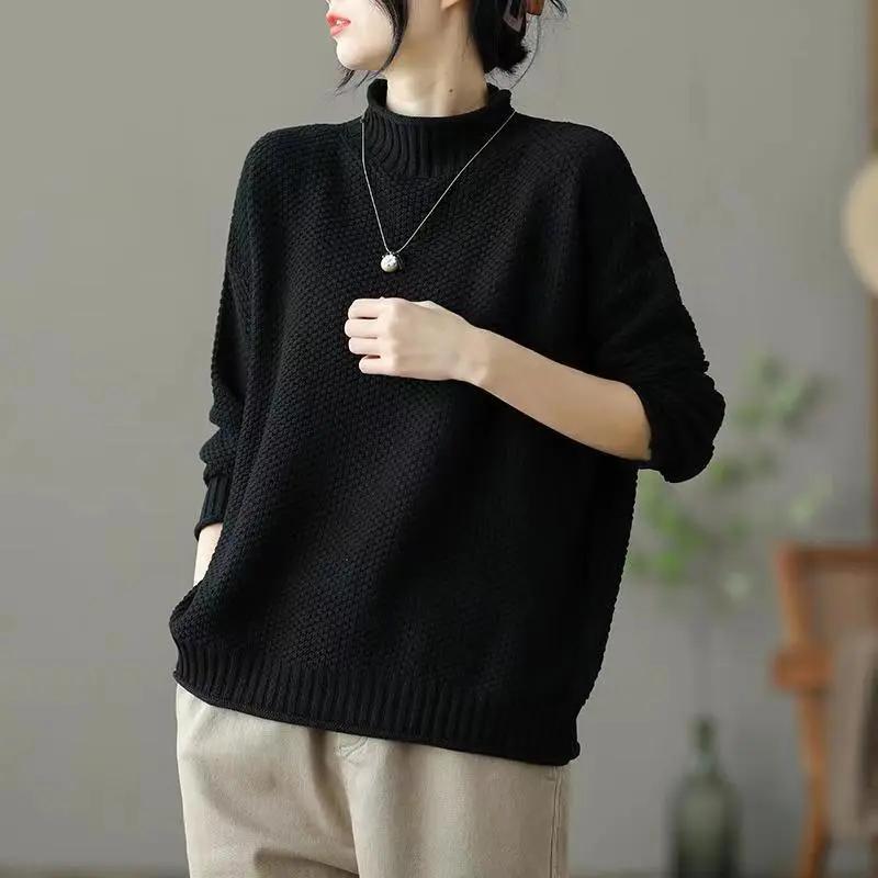 Retro Half-turtleneck Long-sleeved Sweater Women's Bottoming Shirt Tops Autumn and Winter Loose Sweater Women