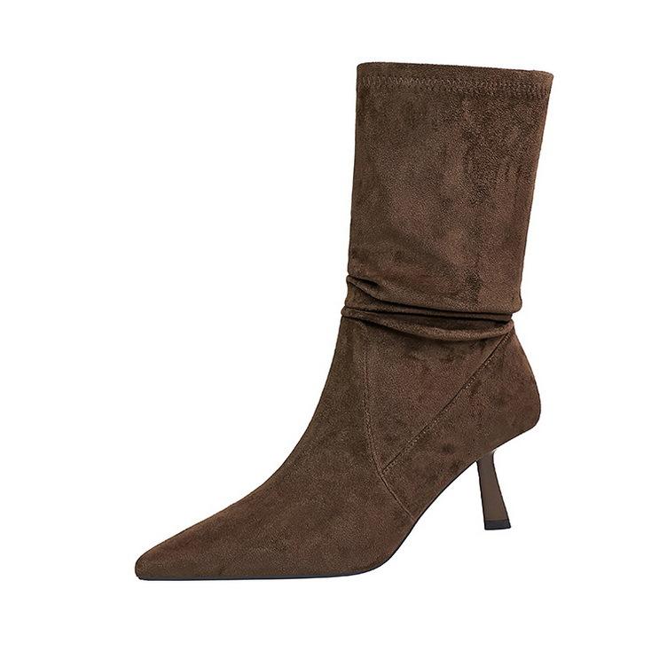 

Женские замшевые ботильоны на высоком каблуке, осенние универсальные ботильоны средней высоты, женские эластичные замшевые ботильоны с острым носком и плиссировкой 40