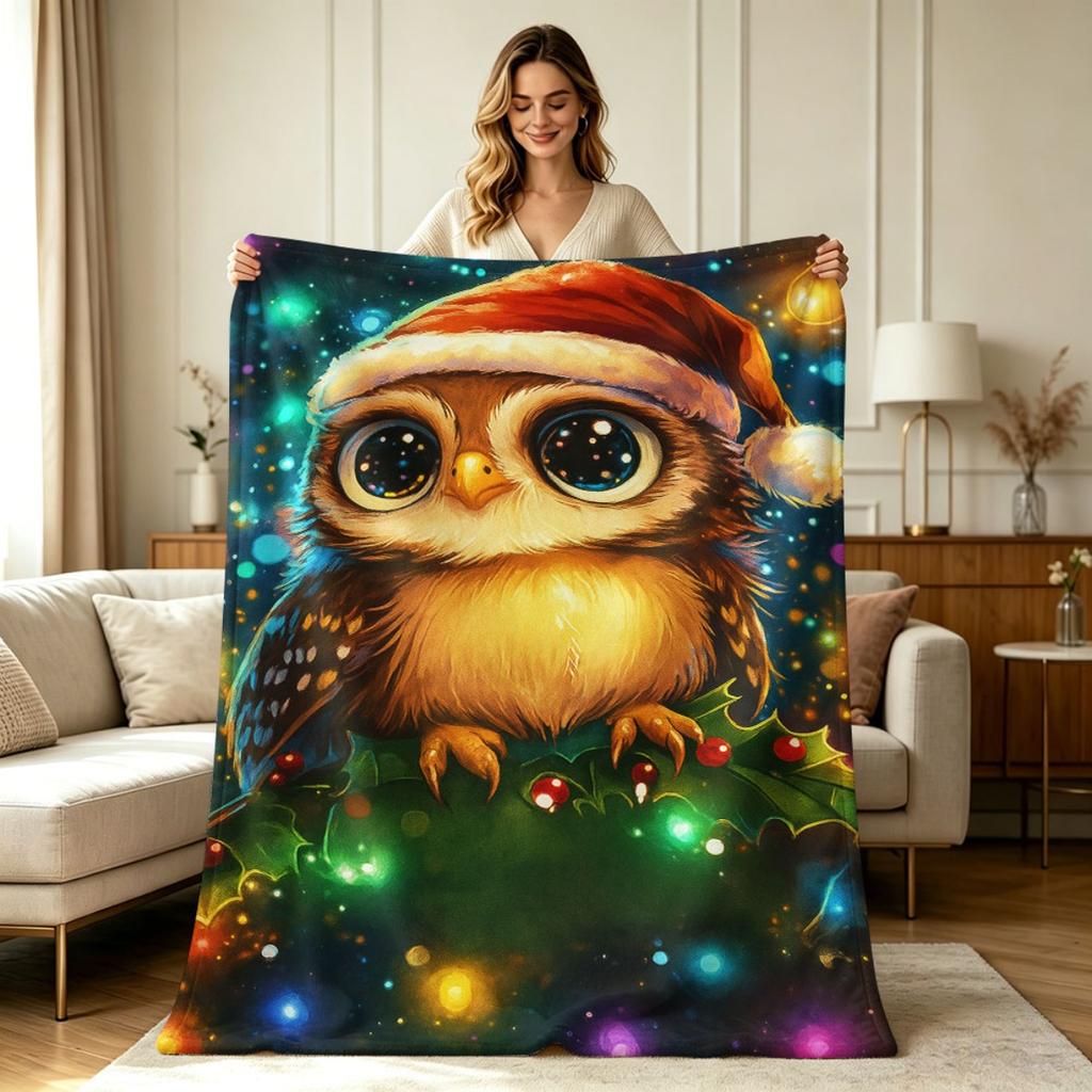 Cozy Flannel Blanket with Christmas Owl Santa Hat Print Warm All Season Throw Blanket for Sofa Couch Bed Office Home Holiday Decor