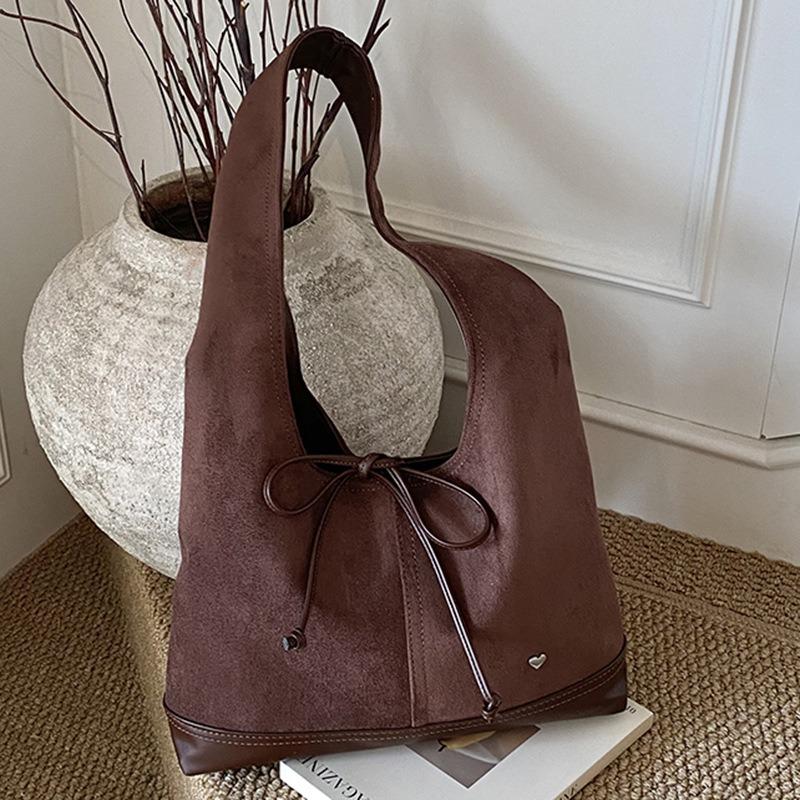 Bag women's new large-capacity retro suede tote bag French bow shoulder bag bucket armpit bag