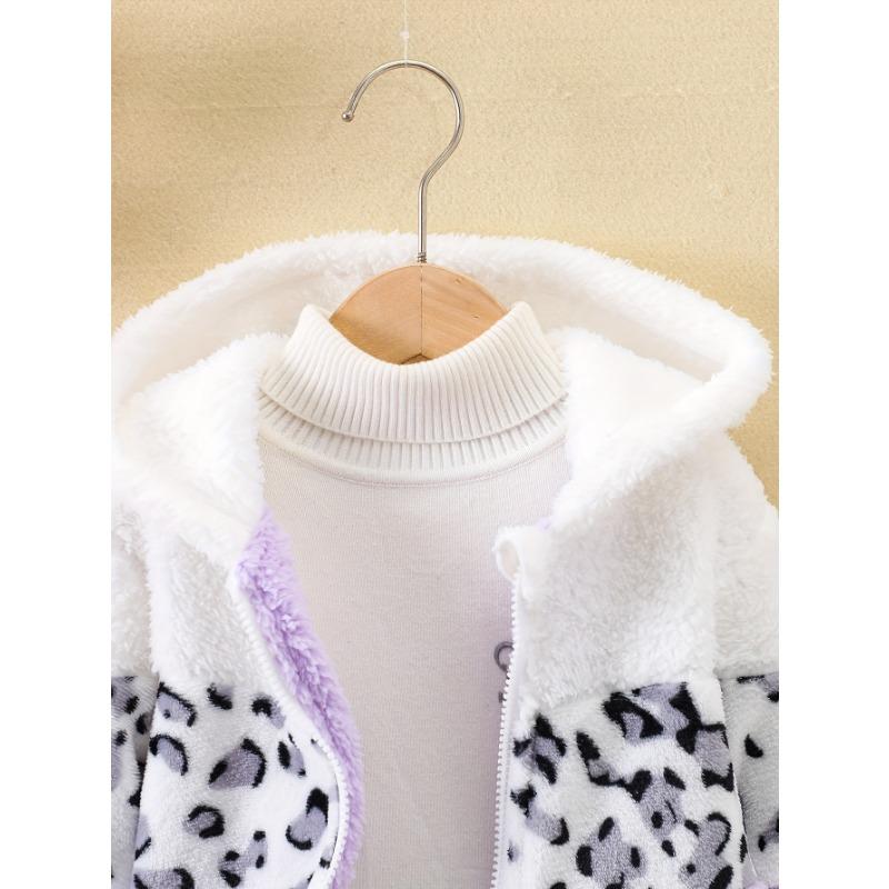 Cozy & Cute Girls' Leopard Print and Pink Fleece-Lined Zip-Up Hoodie Jacket - Warm, Thick Polyester Blend for Autumn/Winter, Long Sleeves,Casual Style