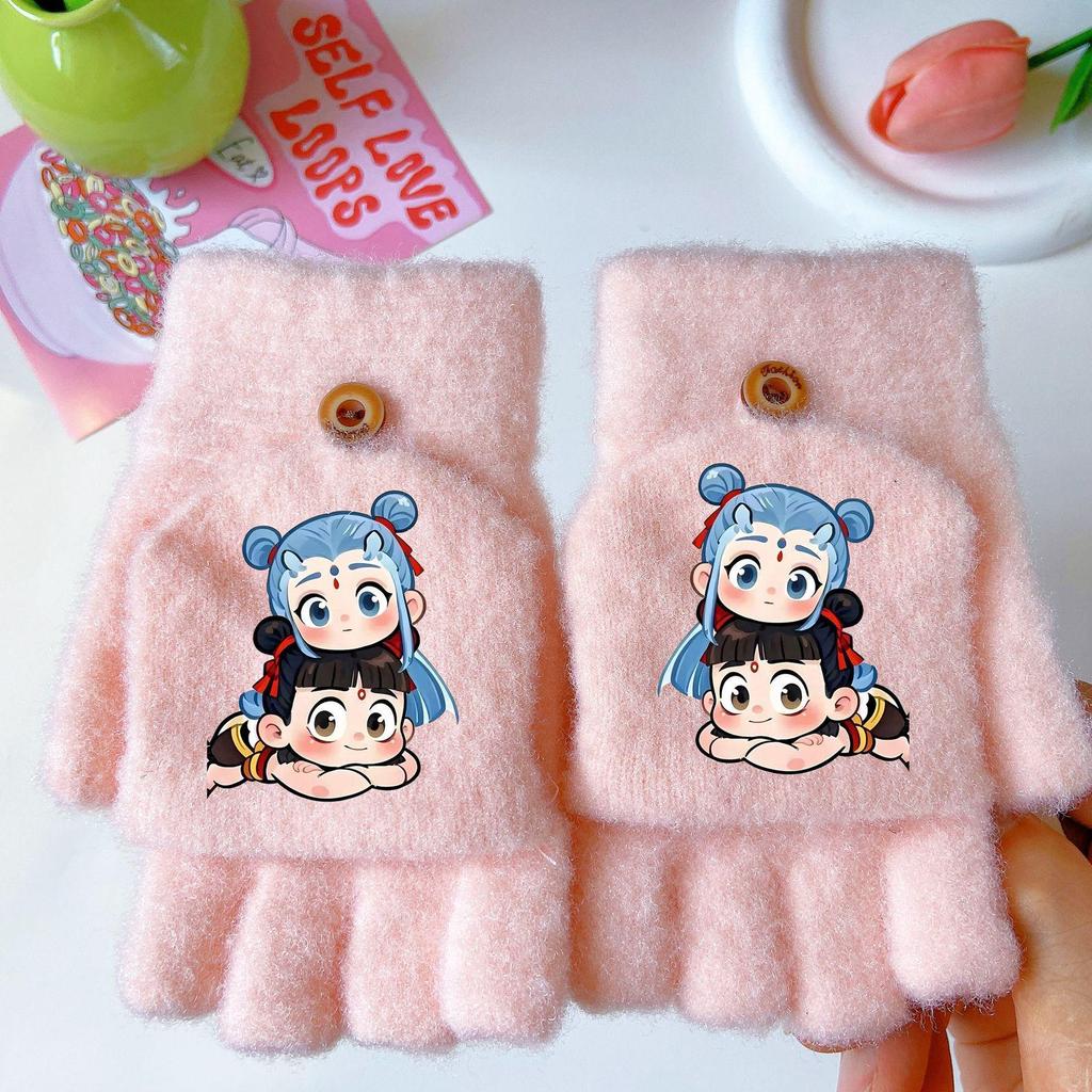 Nezha Ao Bing Winter Cartoon Fingerless Gloves: Thick, Windproof, Warm Knit for Girls