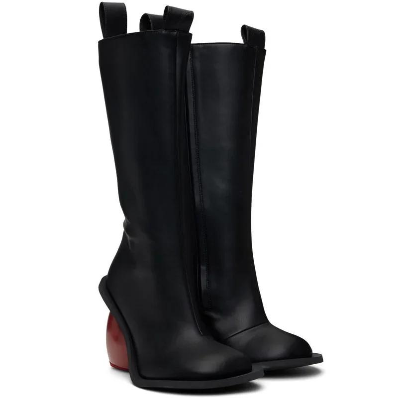 Fashion New Retro Sexy Round Toe Peach Heart Heel Side Zipper Knee High Boots European American Fashion Show Color Blocked Women's Boots