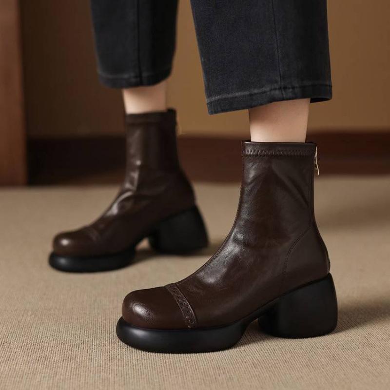 Neue Damenmode-Stiefel mit runder Spitze, dicker Sohle und Übergröße, bequeme und rutschfeste Damenstiefel mit hohem Absatz und Reißverschluss hinten, runde Spitze, Blockabsätze.