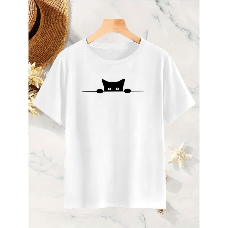 Women Black Cat T-Shirt Crew Neck Short Sleeve Loose Fit All-Season Casual Weekend Cat Lover Machine-Washable Top