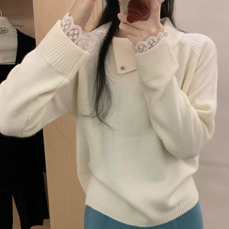 

Premium sense shoulder sleeve mouth with lace soft waxy can be worn outside lapel long sleeve wool knitted sweater women s pullover sweater top average size