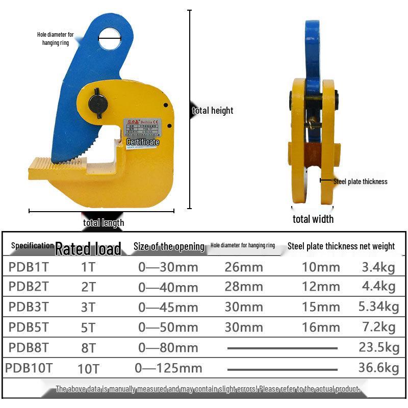 L-Type Flat Lifting Clamp for Steel Plates, PDB Vertical, CDH Horizontal, and DHQL Die Forging Lifting Clamps