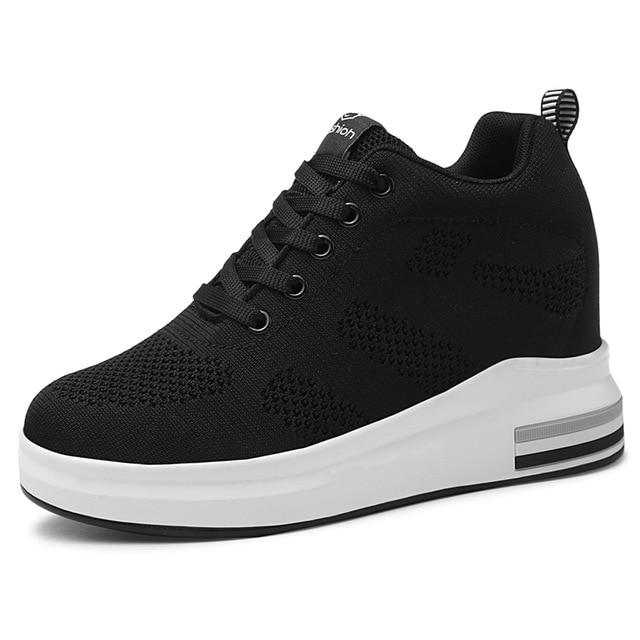 

Женские модные кроссовки на скрытом каблуке, летающая вязаная повседневная обувь на танкетке, женская дышащая сетчатая осенняя женская обувь с высоким берцем 36 чёрный