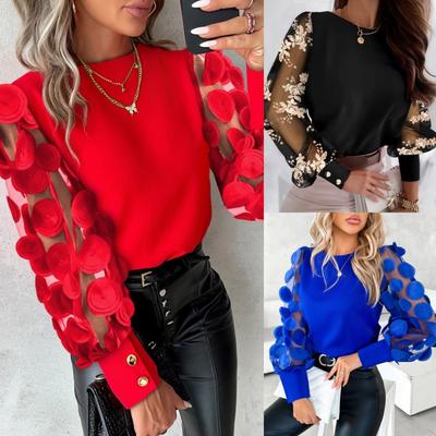Round Neck Lace Long Sleeve Shirts Embroidered Flowers Women T Shirt Female Blouses Casual Top