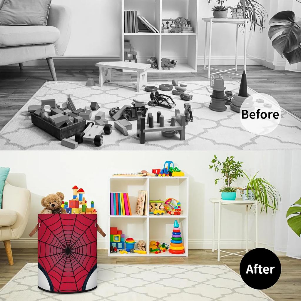 Large Laundry Hamper Basket Red Spider Web Round Collapsible Storage Organizer Bin for Kids, Boys, Nursery, Closet, Bedroom, Playroom, Toys, Dirty