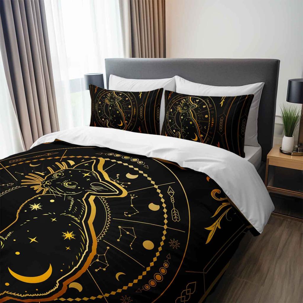 3er-Set Himmlisches Katzenbettwäsche-Set Astrologie Bettbezug-Set Mystisches Themen-Bettbezug-Set Hexen-Schlafzimmer-Dekoration