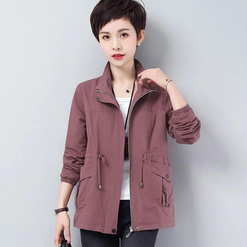 Double Layer Dámské Velké velikosti Jaro Podzim Korejské Velké Podšívka Podšívka Větrovka Stahovací šňůrka Pas Stojáček s límečkem