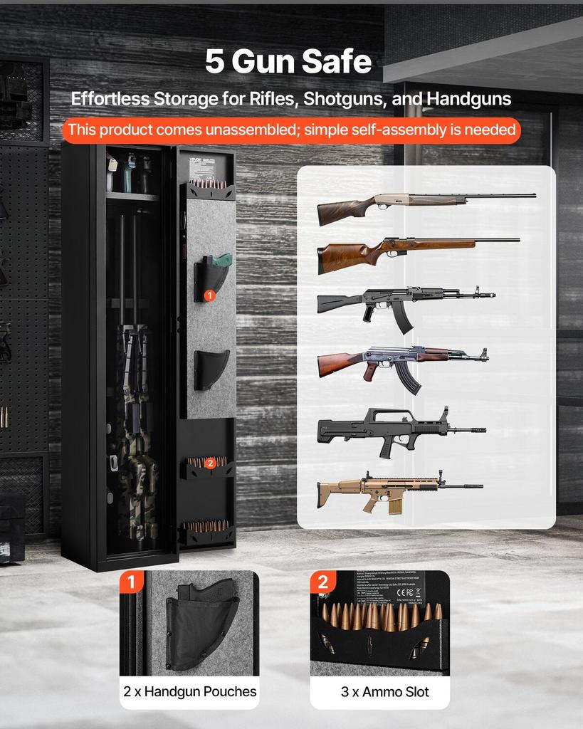 Waffenschrank, Robuster feuerfester Gewehrschrank aus kaltgewalztem Stahl mit Fingerabdruck, digitalem Tastenfeld & Schlüssel, Großer Langwaffenschrank mit Magazin und LED,