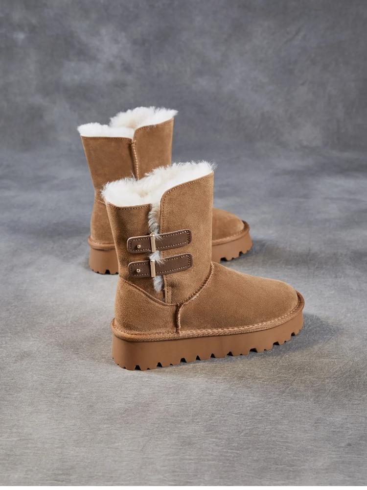 Johnature Wool Thick Soled Snow Boots Versatile Cow Suede Thickened Plush Warm Women's Mid-calf Boots