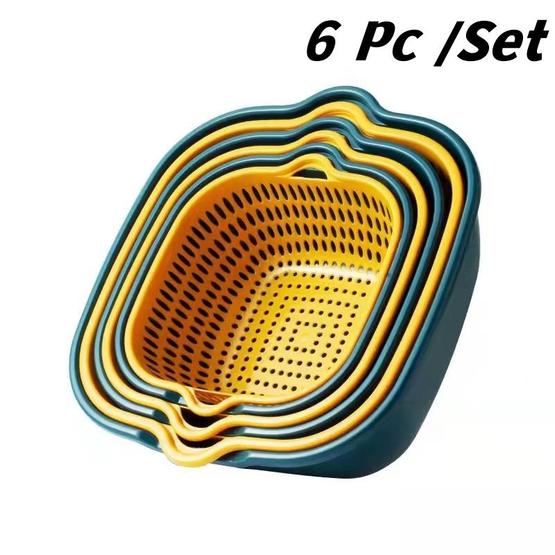 6Pc/Set Double Layer Drainage Basket Multifunctional Fruit Vegetable Cleaning Storage Baskets Plastic Square Kitchen Supplies