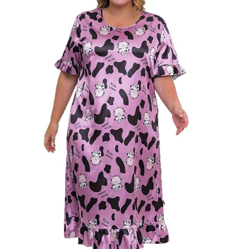 Plus Size Purple Cow Zebra Print Short Sleeve Cartoon Nightdress Loose Comfortable Home Dress Women