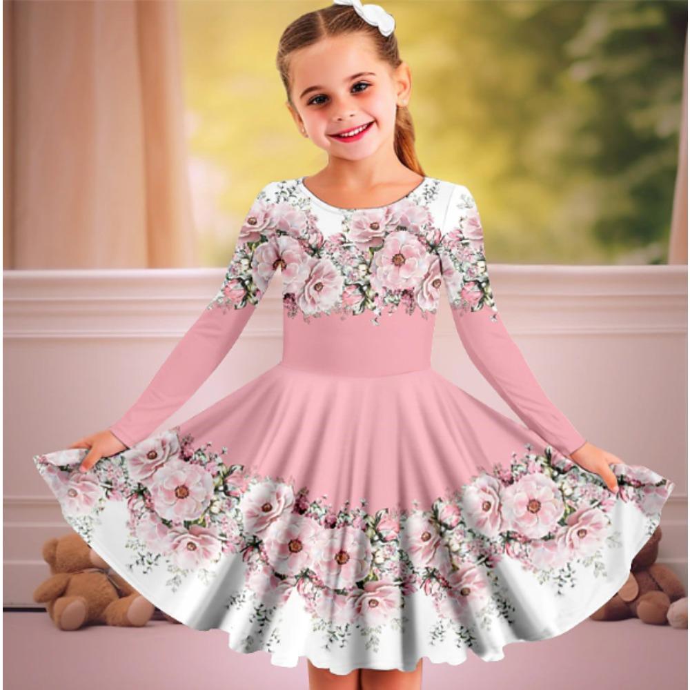 Girl Casual 3D Flower Print Round Neck Long Sleeve Dress Kid Princess Dress 80