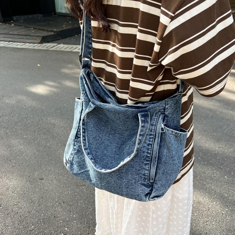 Canvas Denim Bag Women'S Hong Kong Style Tooling Messenger Bag Simple Large Capacity Shoulder Bag Student Commuter Bag Mail Carrier Bag Men