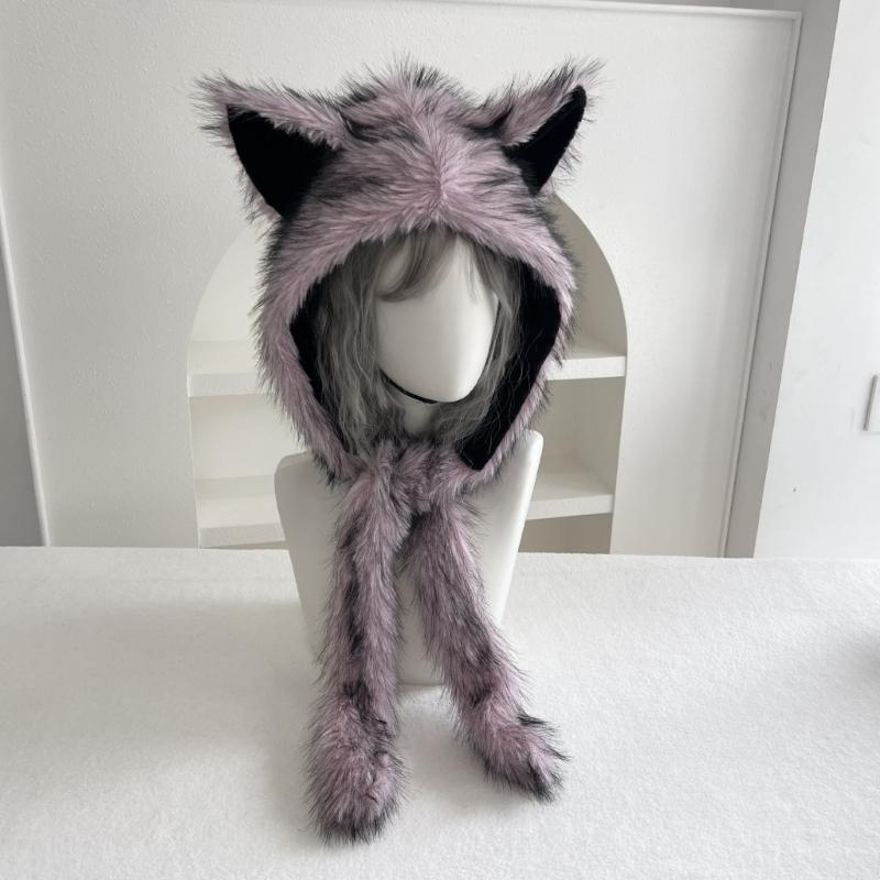 Plush Cats Ear Hat with Faux Furs Look Earflaps, Long Coverage Thick Warm Hat for Cold Weather Daily Outfit Styling, Outdoor Activity