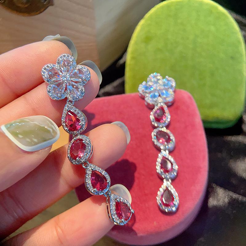 Fresh Summer Fresh Apple Green Zircon Earrings Camellia Flower Earrings