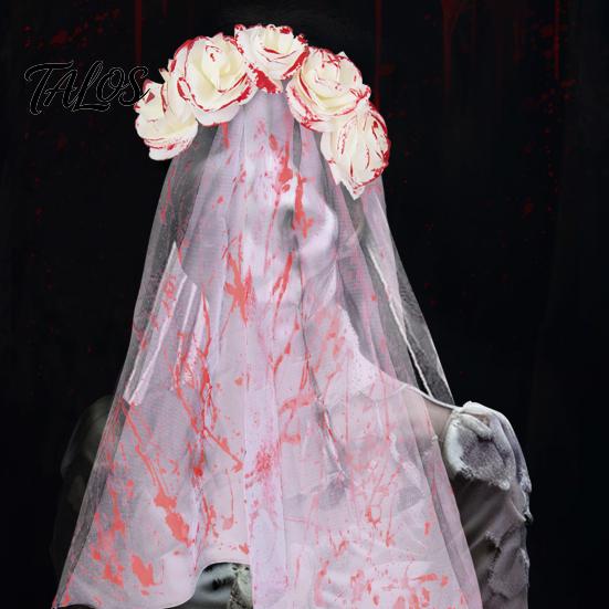 Tiara Cabeça de Rosa Talos, Véu Manchadode Sangue para Noiva Zumbi de Halloween, Aro de Cabelo de Malha Respirável com Design de Peça Única para Cosplay Temático de Casa Assombrada