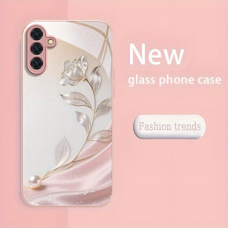 A flower metal paint glass phone case suitable for Samsung Galaxy S26 S25 S24 S22 S21 S20 FE/Ultra/Plus anti drop back cover