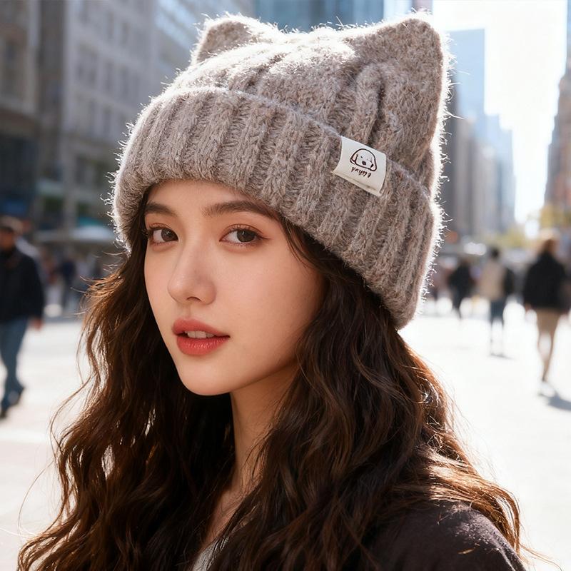 Korean Style Cat Ear Woolen Hat for Women Winter New Warm Ear Protection Knitted Hat Showing Face Little Cute Pullover Hat