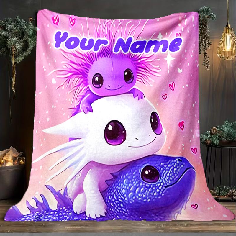 1PC Custom Name Purple Axolotl Trio Outdooor Flannel Blankets Throw Blanket All-Season Throw Gift Bedspread for Couch, Bed, Camping Holiday Birthda