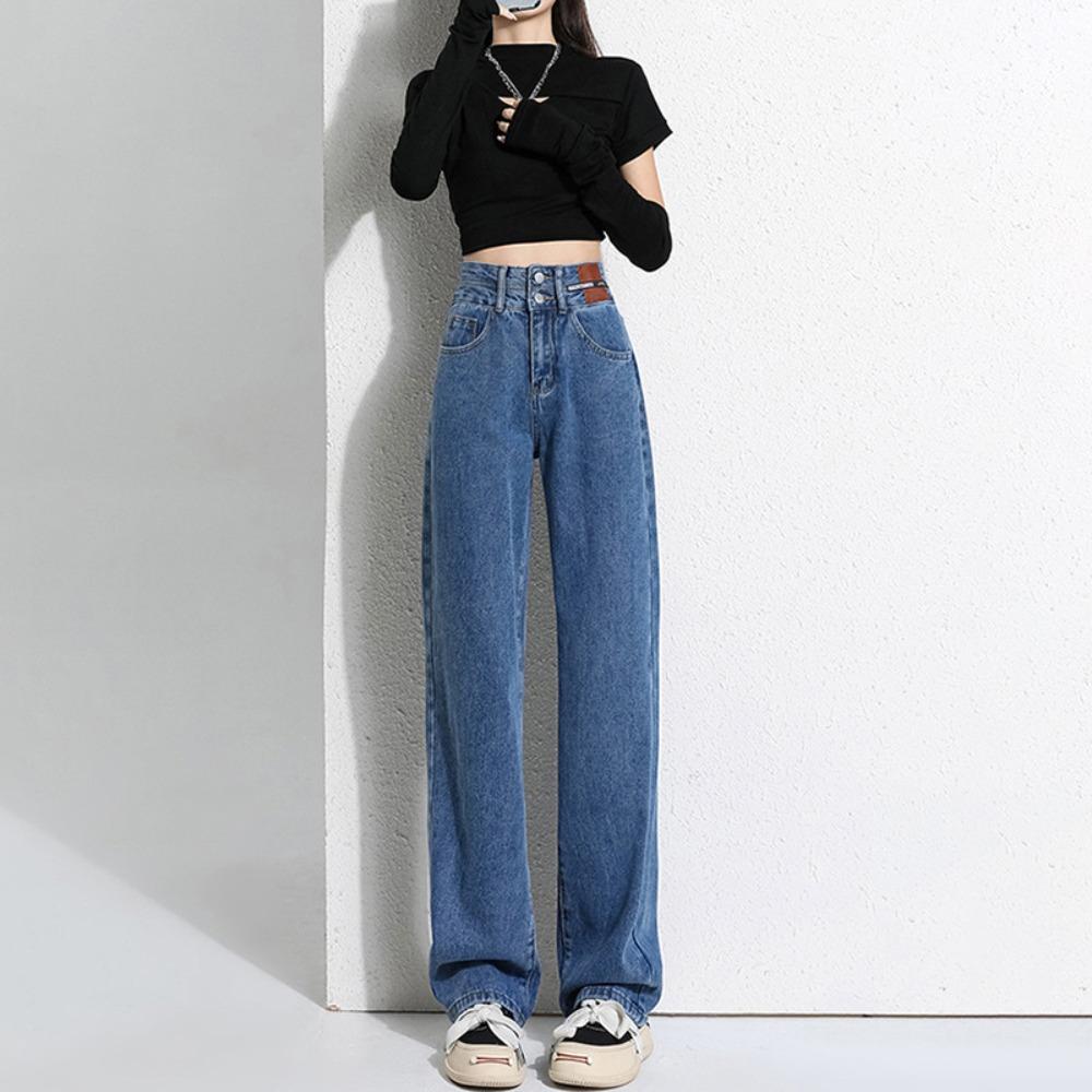 

Trendy personality high waist double buckle wide leg jeans women s spring and autumn new commuter loose straight jeans 2XL