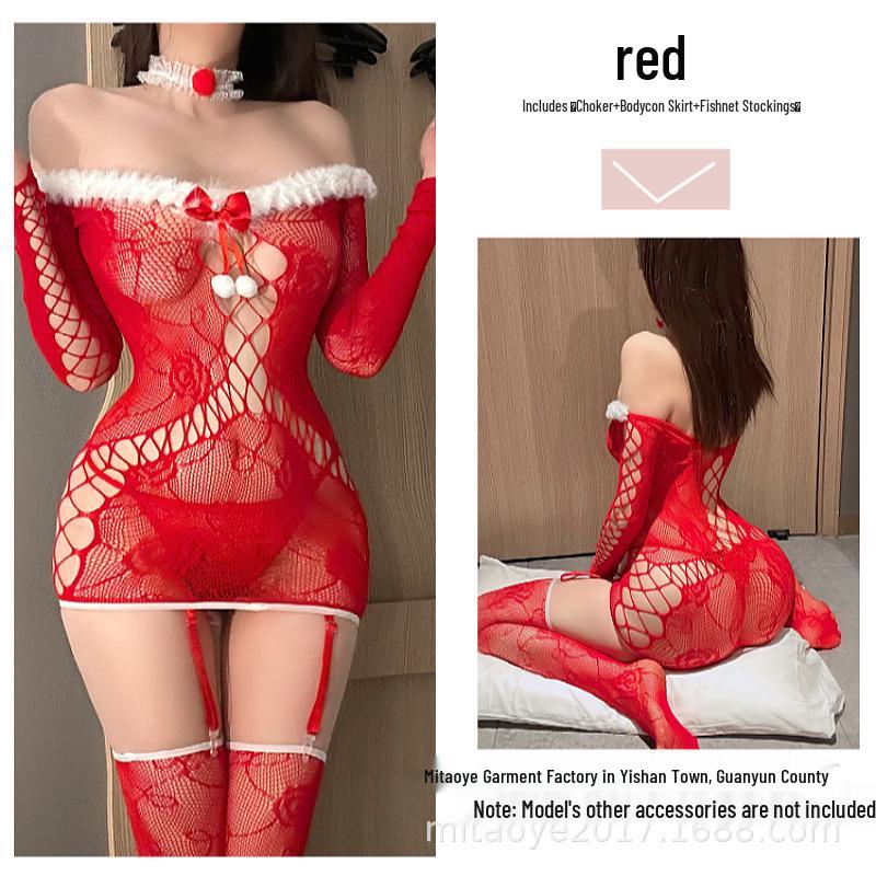 European & American Christmas Lace Bodysuit Set with Stockings & Quick-Release Garter Belt
